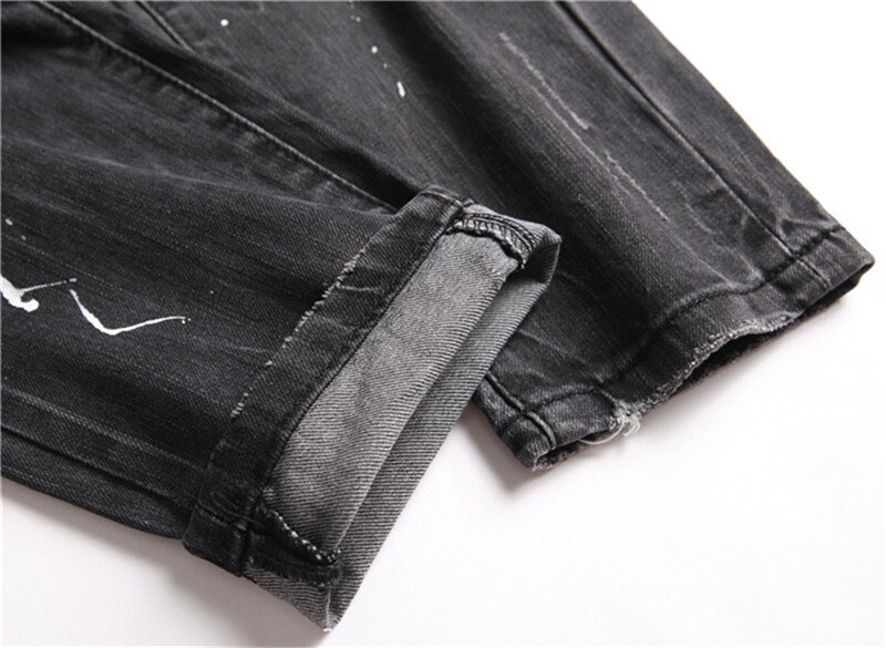 Pantalones vaqueros rasgados negros para hombre, ropa de calle de para hombre, vaqueros rectos con agujeros, de dibujo grafiti, informales, ajustados, NZ108