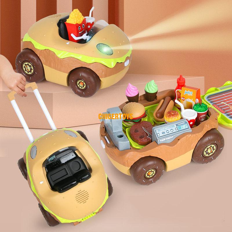 Spielhaus mit burger- und grillwagen, reichhaltigem zubehör, viel stauraum, bunten lichtern, kochgeräuschen und realistischer küchensimulation.