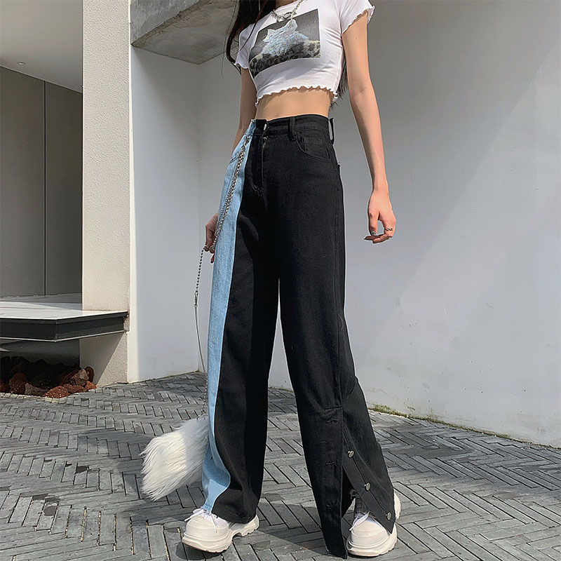 verano Vintage Jeans Mujer Pantalones largos vaquero mujer ropa informal suelta cintura alta Mujer Jeans ropa de dos colores vaqueros de pierna ancha