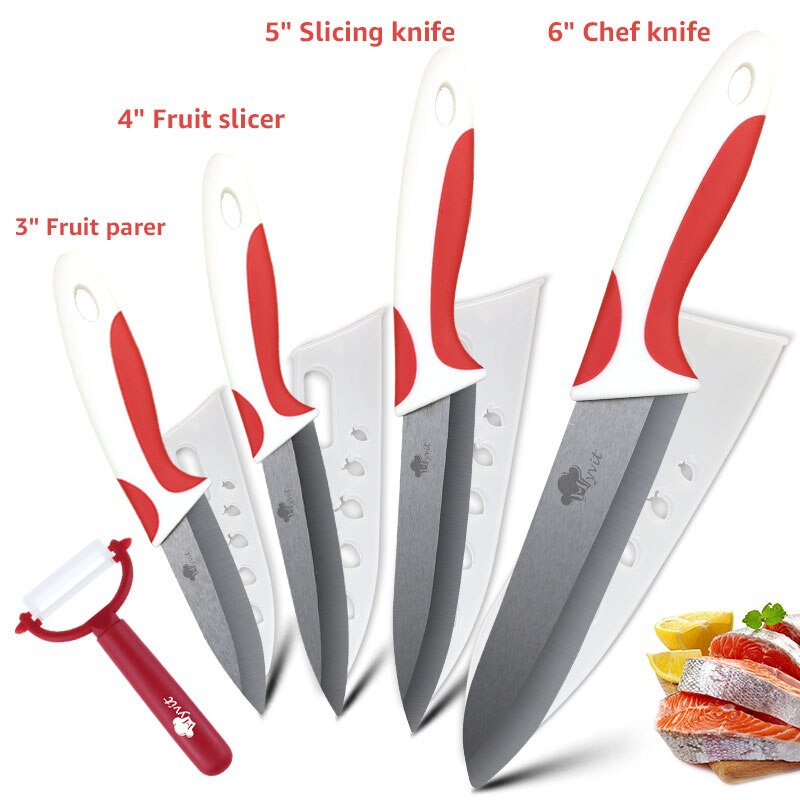 Kitchen Ceramic Knife 3 4 5 6 inch + Peeler Chef Paring Utility Slicing Fruit Vegetable Knife Black Blade Kitchen Cooking Tool: 3456 RED WHITE
