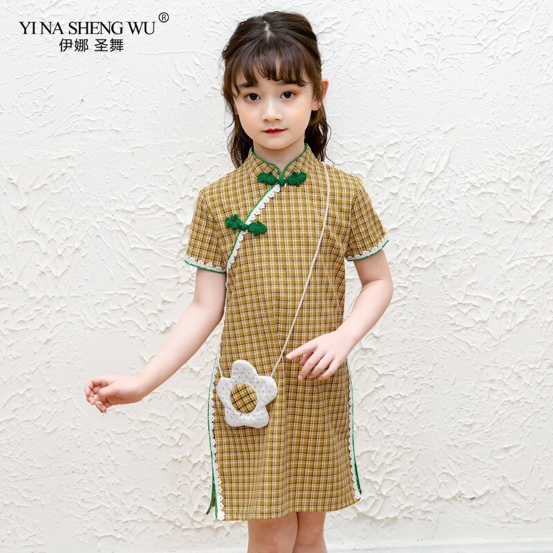 Bébé fille rose/jaune treillis Qipao robe chinois Cheongsam enfants robes en dentelle vêtements robe de princesse porter avec un sac d'enfant