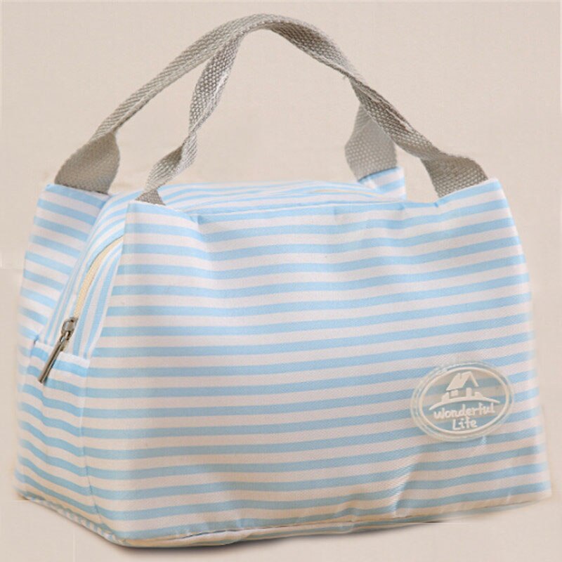 Newest Lunch Bag Insulated Cold Canvas Stripe Picnic Carry Case Thermal Portable Lunch Box Women Kids Men Lunch Box Bag Tote: blue