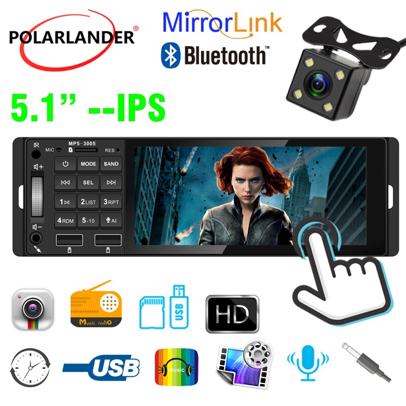 5.1 Inch 1 Din MP5 Auto Radio Kleurrijke Verlichting 12V Usb Aux Bluetooth Handsfree Bellen Ondersteuning Ai rm Rmvb MP3 Wma 720P 4 Kanalen: 3005 with camera