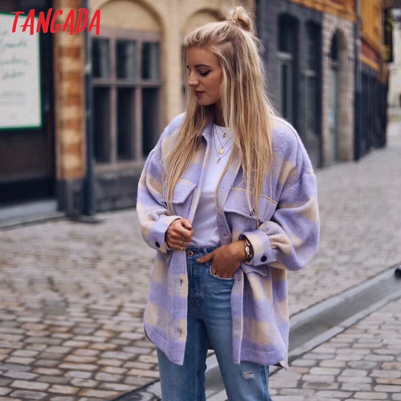 Tangada vintage lilla gitter lang jacekt frakke kvinder forårs skjorte jakke oversize plus size kvinder jakke  qj101