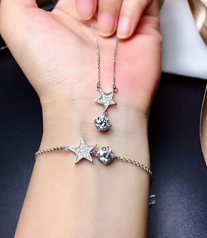 MeiBaPJ 1 carato D colore Reale Moissanite Del diamante 5 Stelle Insieme Dei Monili 925 D'argento del Braccialetto Della Collana Dei Monili di Cerimonia Nuziale per Le Donne