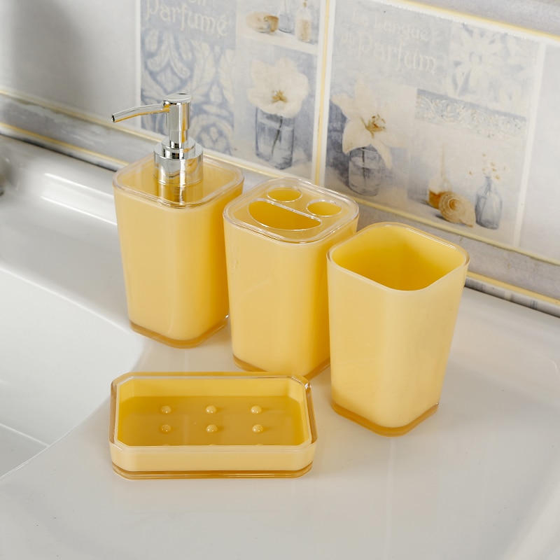 Bathroom Accessories 4Pcs/Set Bathroom Gadgets Soap Dispenser Cup Soap Dish Toothbrush Holder: Yellow