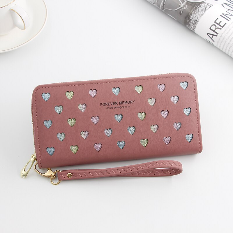 Women Wallet Long Pu Leather Love Heart Cute Purse for Phone High Capacity Card Holder Clutch Wallets Carteira Feminina: DarkPink