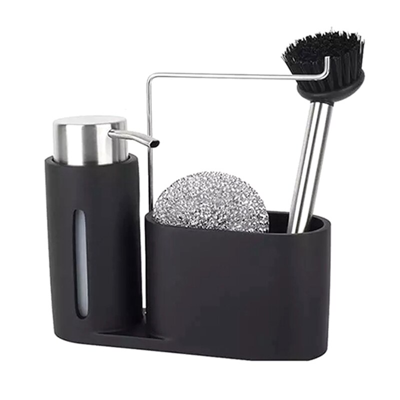 Sink Caddy Cleaning Kit Kitchen Caddy with Soap Dispenser Steel Ball and Brush Black Clean Group for Kitchen Organizing: Default Title