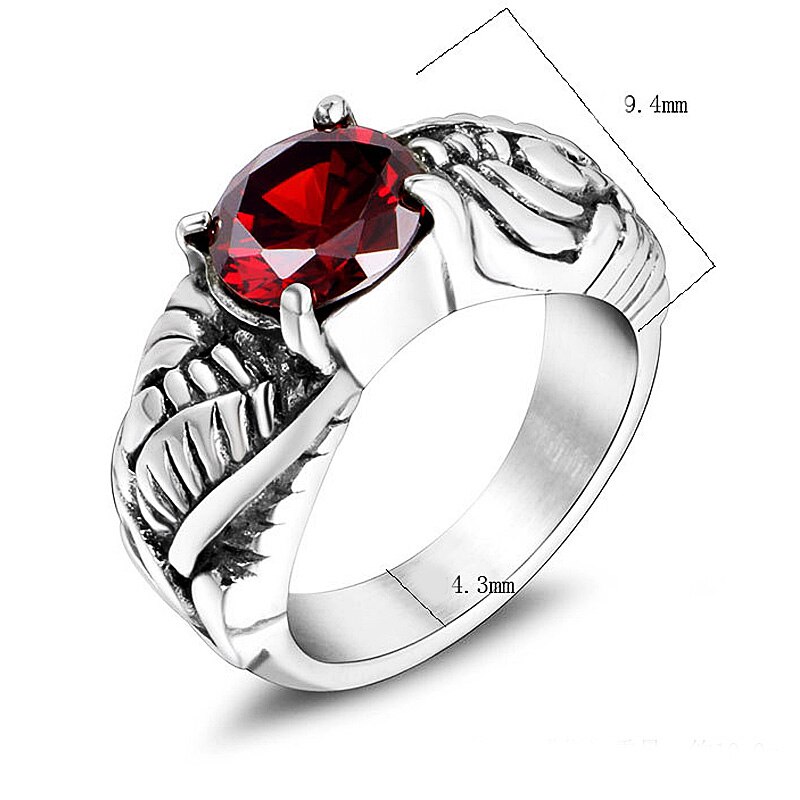 Classic Stainless Steel Red Stone Ring Vintage Silver Color Sculpture Pattern Rings for Women Men Punk Style Jewelry