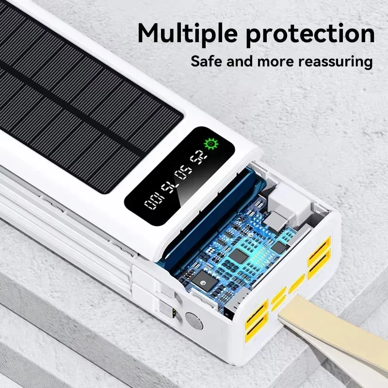 50000 mah solcelle-powerbank med stor kapacitet, indbyggede kabler, eksternt batteri, led-lys, bærbar oplader til iphone