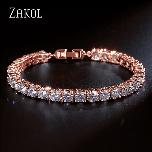 ZAKOL Hip Zirconia cúbica redonda cristal tenis pulsera y brazaletes para mujeres boda joyería Mujer FSBP171: Rose Gold 5mm