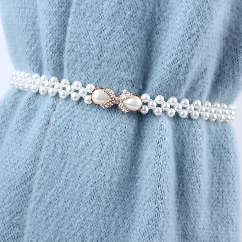 Correa de cadena fina con sello de elasticidad elástica de la cintura blanca para mujer, diamantes de imitación y perlas para decoración de falda, fajas de ,