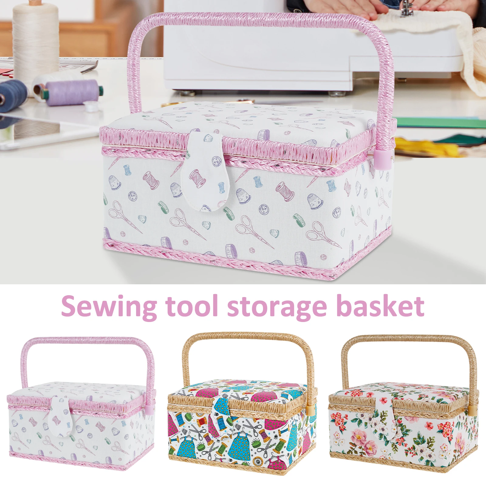 Sewing Basket with Removable Tray Practical Sewing Basket Organizer with Interior Pocket Portable Sewing Storage Box Stylish