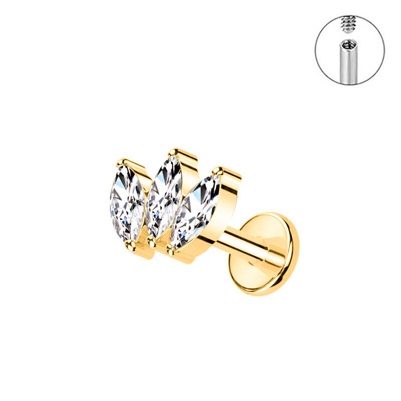 G23 titan piercing labret innvendig gjenge leppepiercing marquise kubisk zirkonia leppestift ørebein negl kroppspiercingsmykke: Lilla / Gullfarge