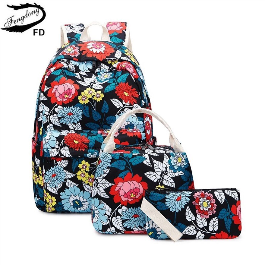 Fengdong 3 stuks/set chinese stijl tienermeisjes schoolrugzak bloemen schooltassen voor vrouwen meisjes bloemenrugzak boekentas pennenzak