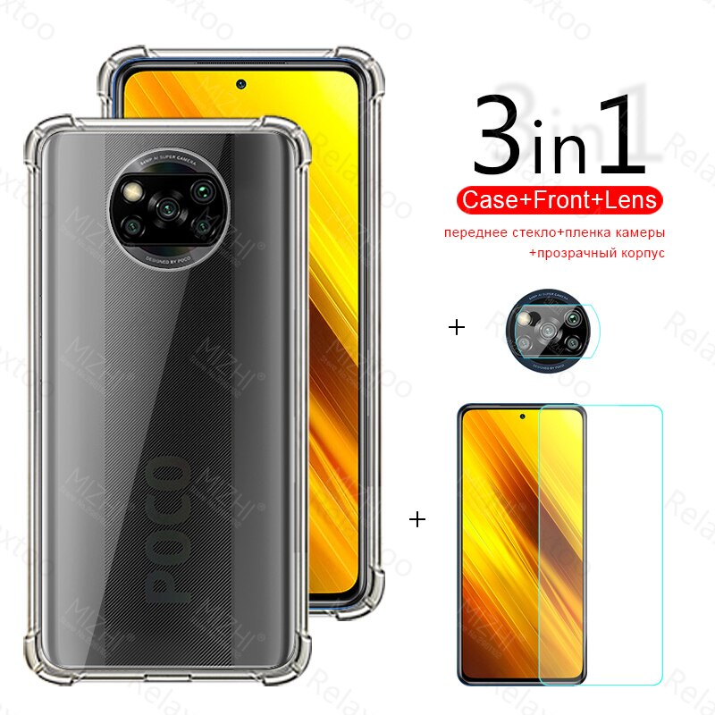 Voor Xiaomi Poco X3 Case 3in1 Transparante Case Voor Xiaomi Poco X 3 Nfc Pocox3 Pocophonex3 Gehard Glas Camera Lens telefoon Cover: Default Title