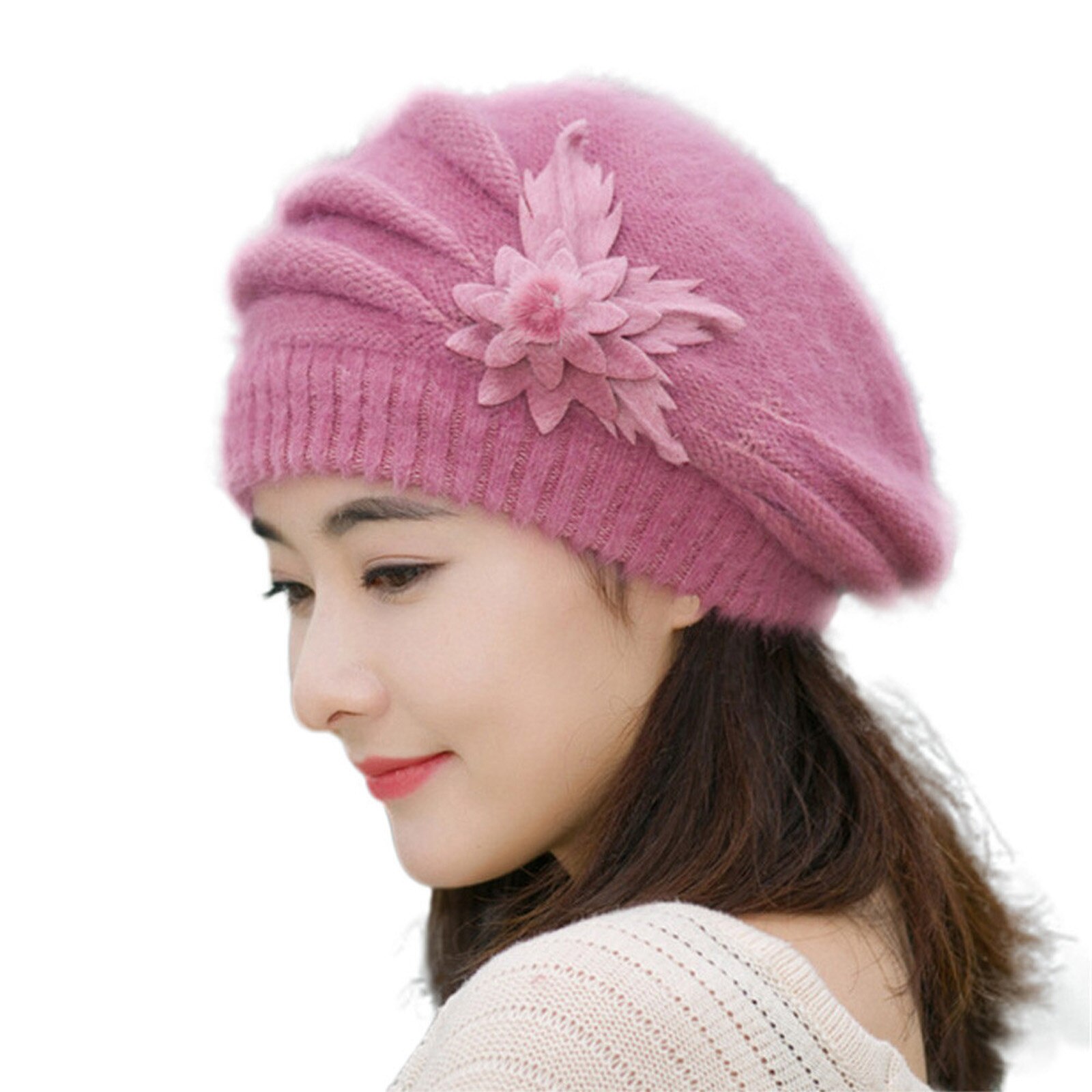 Dames Hoed Bloem Brei Haak Beanie Hat Winter Warm Cap Baret Meisje Mode Motorkap Cap Zachte wol Hoed: PP