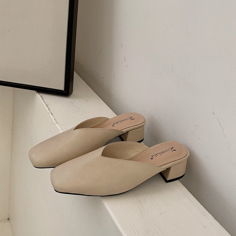 retro Oma Maultiere Schuhe Damen lässig Leder Hausschuhe Hause Ich bin Freien Rutschen Med-hoch Fersen kippen-Flops Femme Karree pantufla