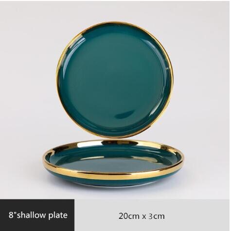 1pcs High Grade Green With Gold Lnlay Plates Steak Food Tray Nordic Ceramic Dinner Dish Salad Bowl Spoon Porcelain Dinnerware: 8inch plate 1pcs