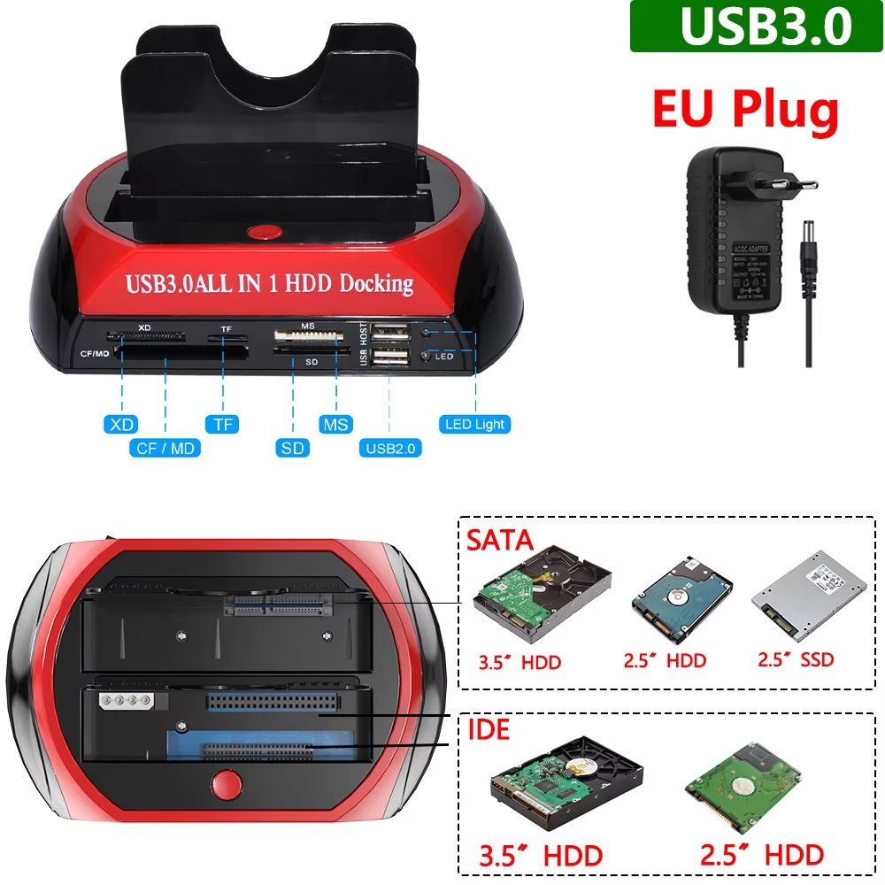 10 IN 1 Dual-bay harde schijf USB3.0 5Gbps HDD-dockingstation met 12V 3A voedingsadapter voor 2,5/3,5 inch HDD/SSD TF-kaart: Goud