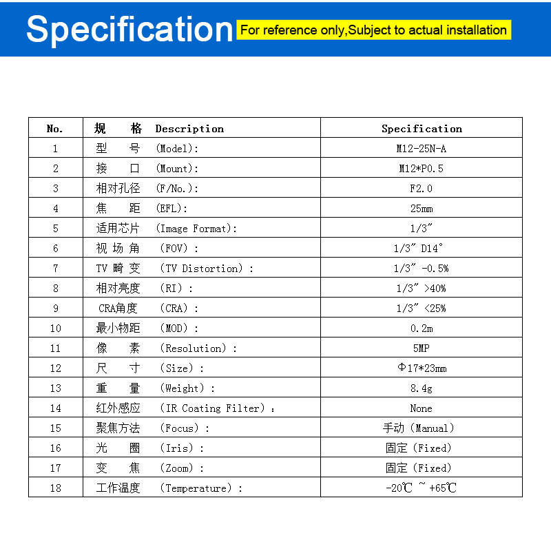M12 EFL 25mm long focus lens board camera 5MP mini CCTV camera for 1/3" sensor 14 degree HD telephoto lens