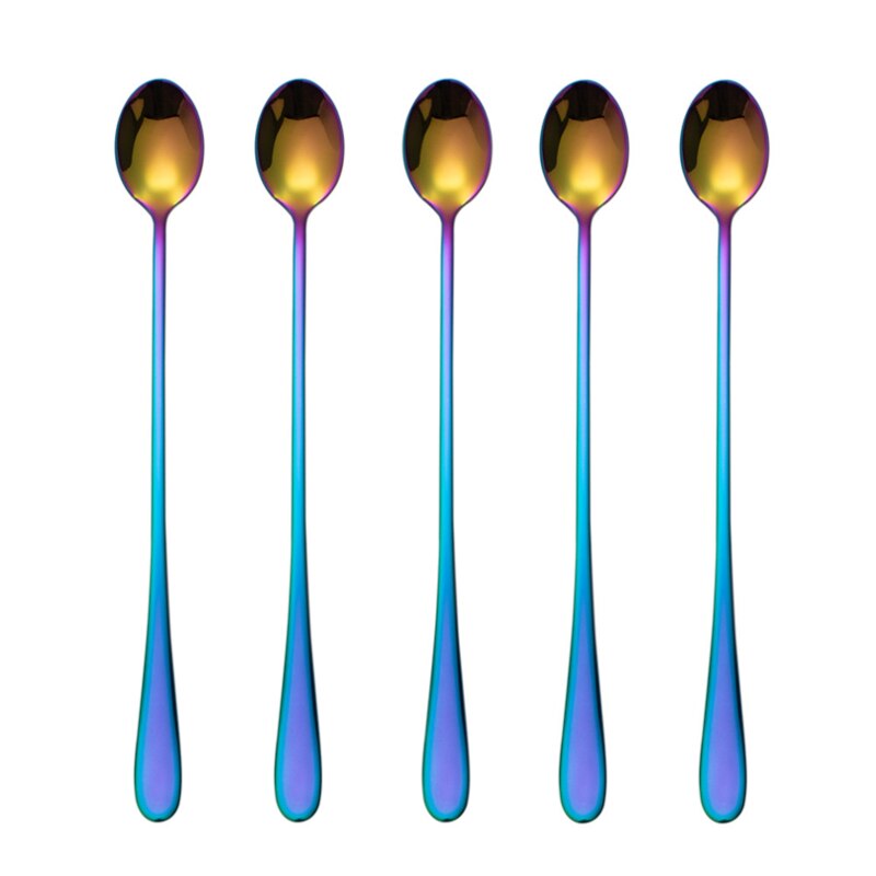 5Pcs Stainless Steel Coffee Spoon Juice Stirring Long Handle Tea Spoons Dessert Spoon Flatware Set Kitchen Drinking Cutlery Set: Rainbow 23cm