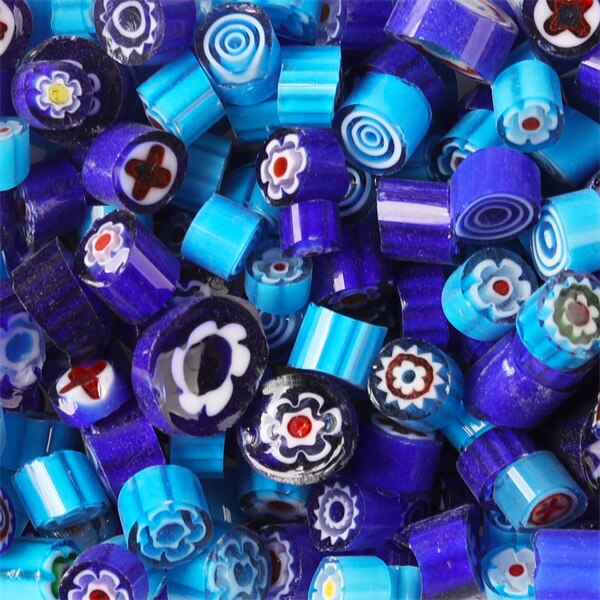 500g/17.63oz (około 520 sztuk) kolorowe Millefiori paciorki szklane płytki z mozaiką tysięcy kwiatowy koralik kształt cylindra DIY rzemiosło materiał: Blue Mix