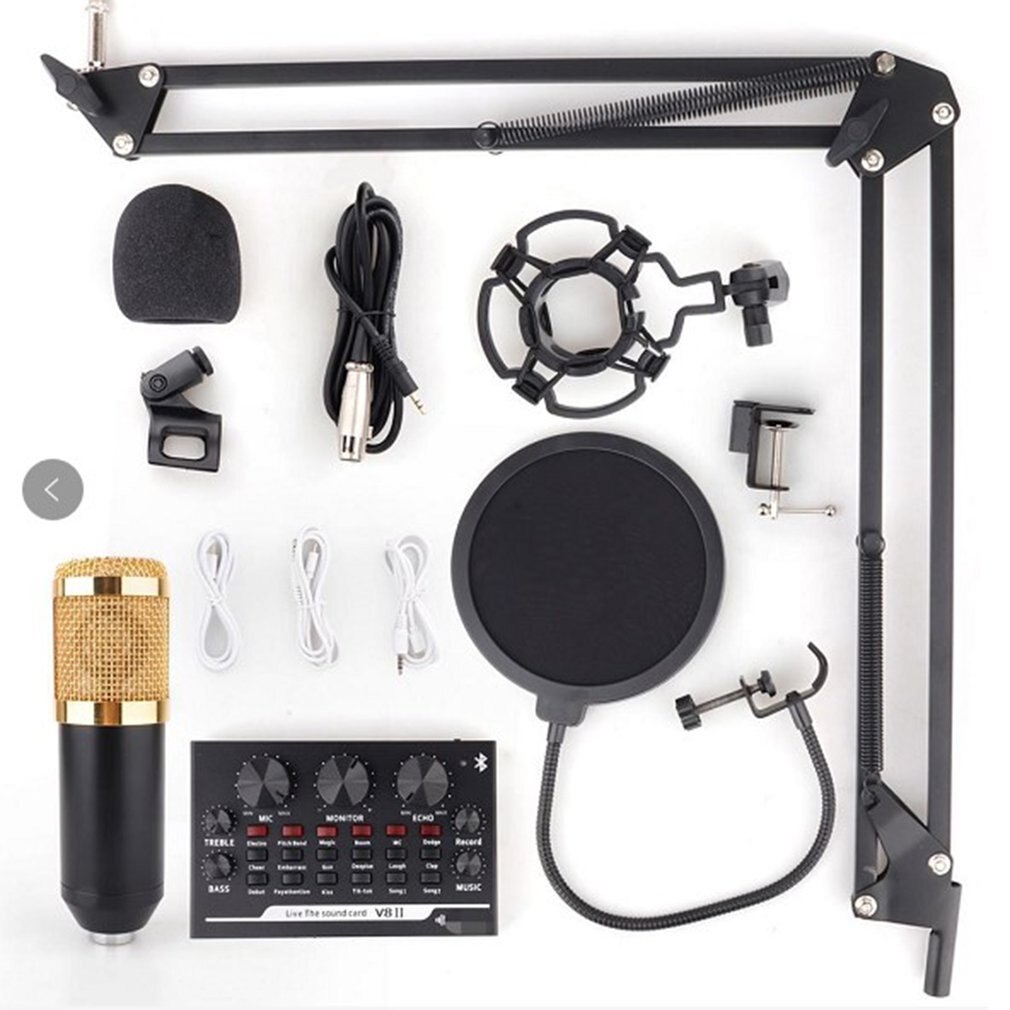 Micrófono de condensador de diafragma grande de malla negra y dorada para grabación, Kit de micrófono con condensador, KTV