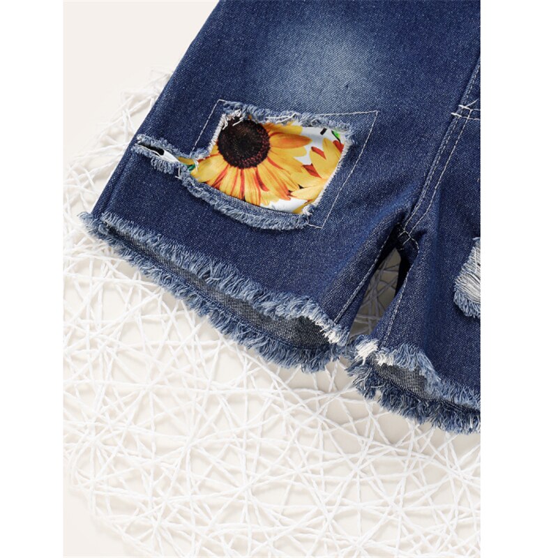 2-7Y Children Clothing Summer Kid Baby Girl Sunflower print Denim Overalls Sleeveless Strap Shorts Jumpsuit Outfit