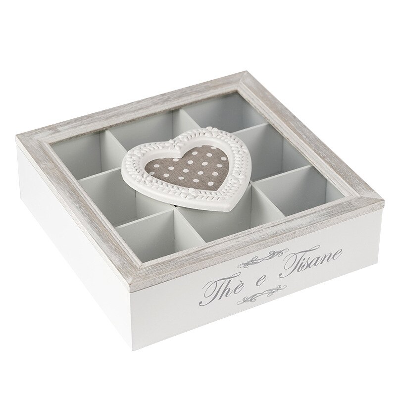 Wooden Tea Organizer for Tea Bags - Wooden Tea Chest with 9 Compartments - Clear Top Window - Lid Stays Open: White