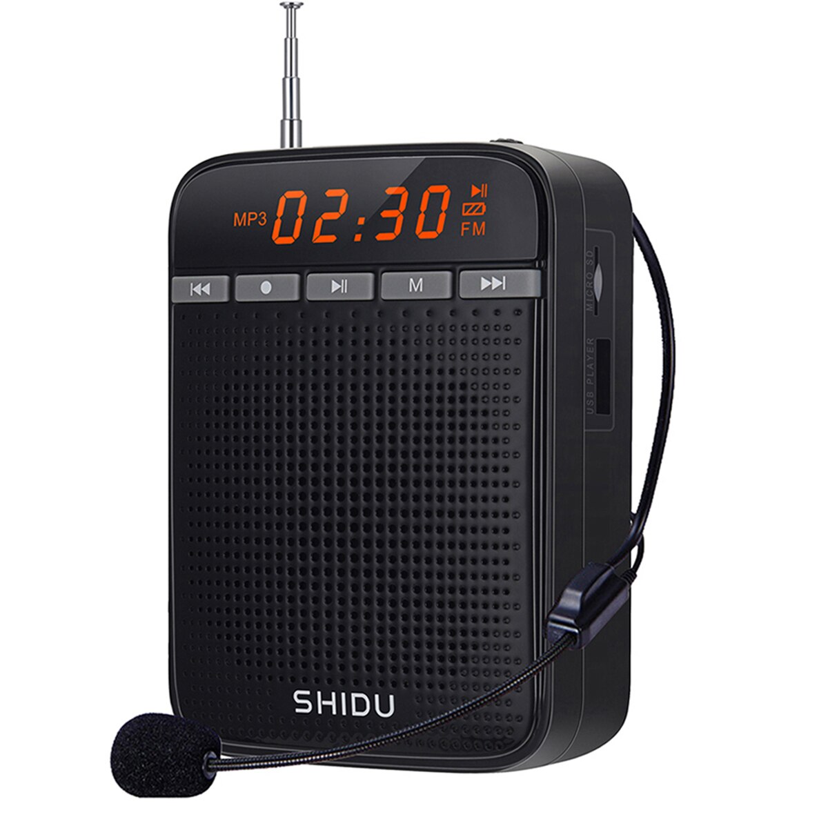 SHIDU-Amplificador de voz para micrófono para profesores, altavoz megáfono con Radio FM, reproductor de discos para guía de viaje: M400 Black