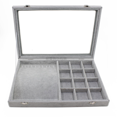 Große Samt Grau Tragetasche mit Glas Abdeckung Schmuck Ring Display Box Tray Halter Storage Box Organizer Ohrringe Ring Armband: Beige