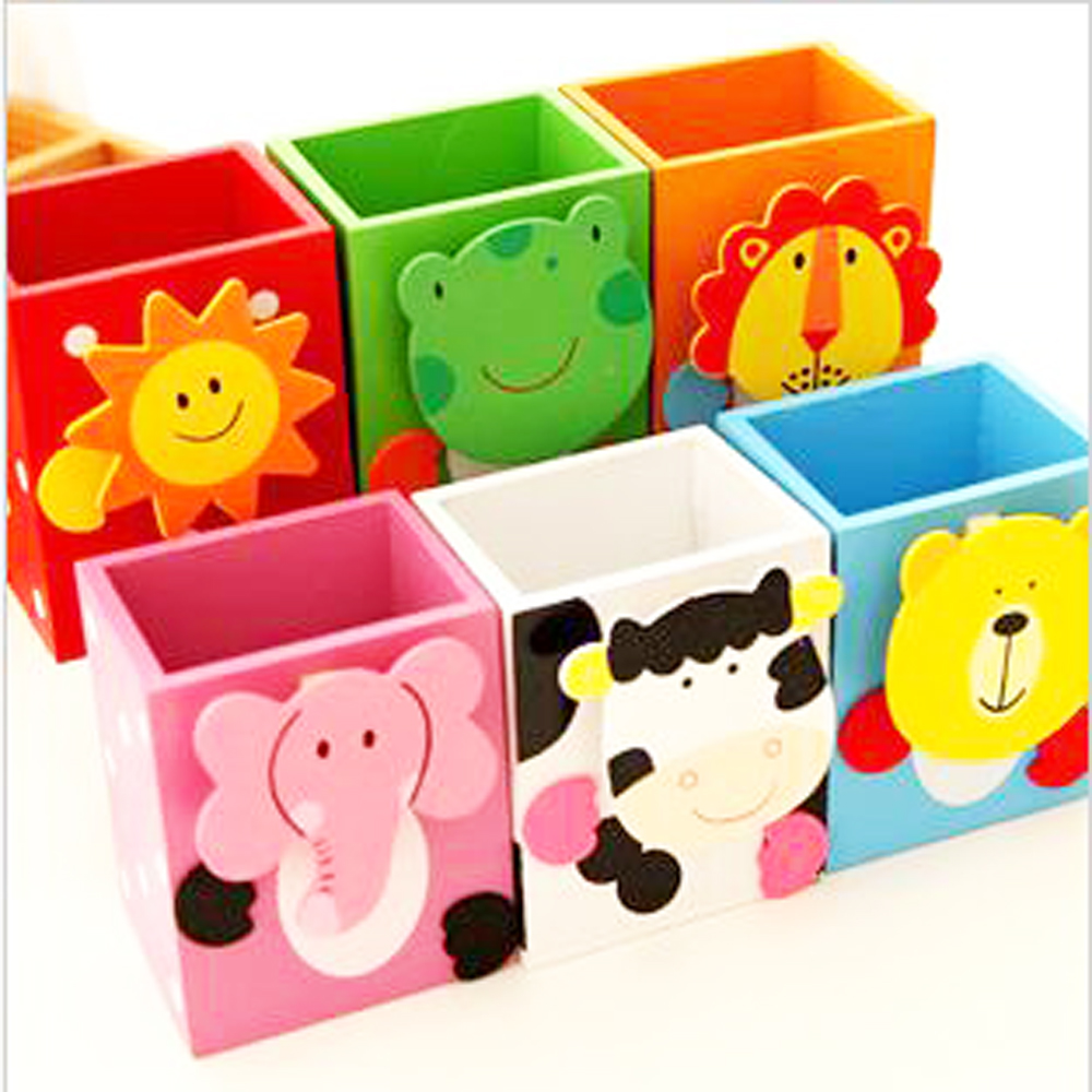 Wooden Pencil Holder Cartoon Pen Organizer Container Desktop Cute Stationery Desk Decoration For School Office Kids Children