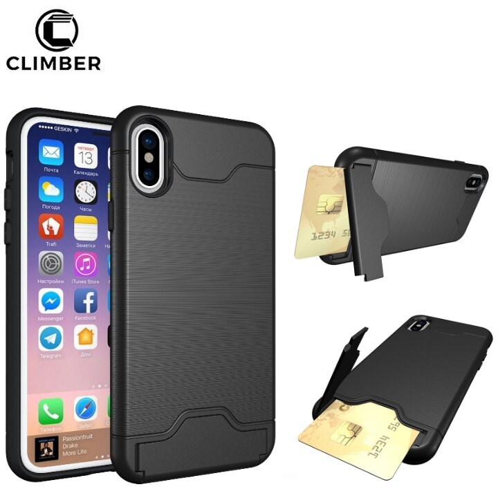 Non Slip Wiredrawing Borstel Line TPU PC Credit Card Slot Houder Stand Robuuste Back Cover Voor iPhone 7 8 Plus X Shell Case