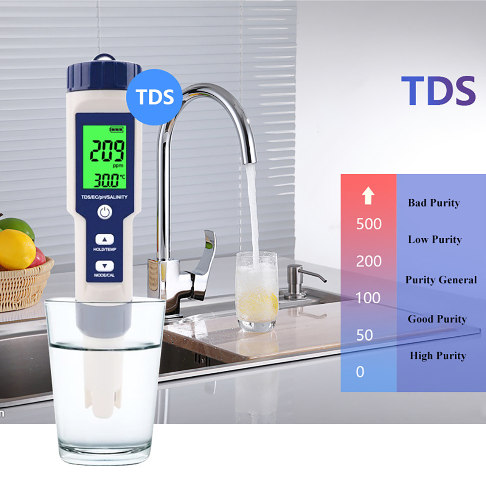 Ph Meter 5-In-1 Ph/Tds/Ec/Zoutgehalte/Temp Meter Water Quality Tester voor Voedsel Drinkwater Aquaria