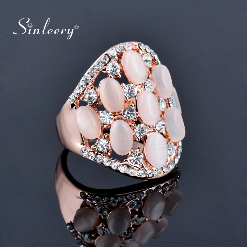 SINLEERY Vintage Opal Rhinestone Hollow Big Wide Rings For Women Jewelry Rose Gold Color JZ197 SSF