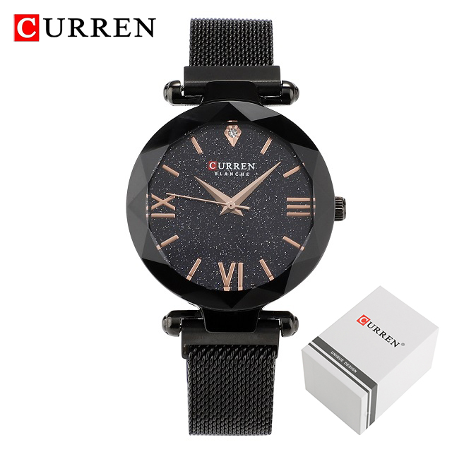 CURREN Luxe Vrouwen Horloges Mesh Dames Klok Magneet Gesp Starry Diamond Geometrische Oppervlak Casual Quartz Horloge: Black