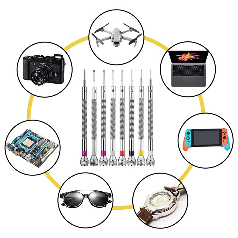 Jeu de tournevis de montre, Micro-précision, bijoux, 0.6-1.6Mm, avec 8 lames de remplacement supplémentaires pour la réparation de montres, 8 pièces