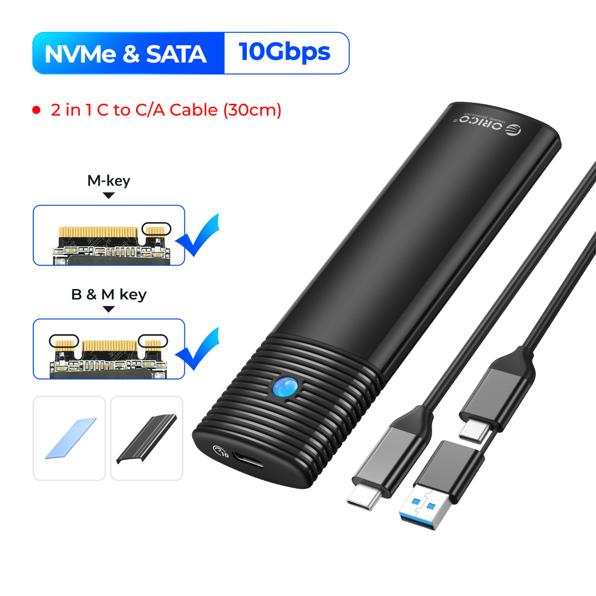 Obudowa ORICO M2 NVMe SSD 10Gbps PCIe M.2 NVMe SATA SSD Przenośna obudowa USB C 3.2Gen2 Bez narzędzi Zewnętrzny adapter z metalowym radiatorem: Kolba