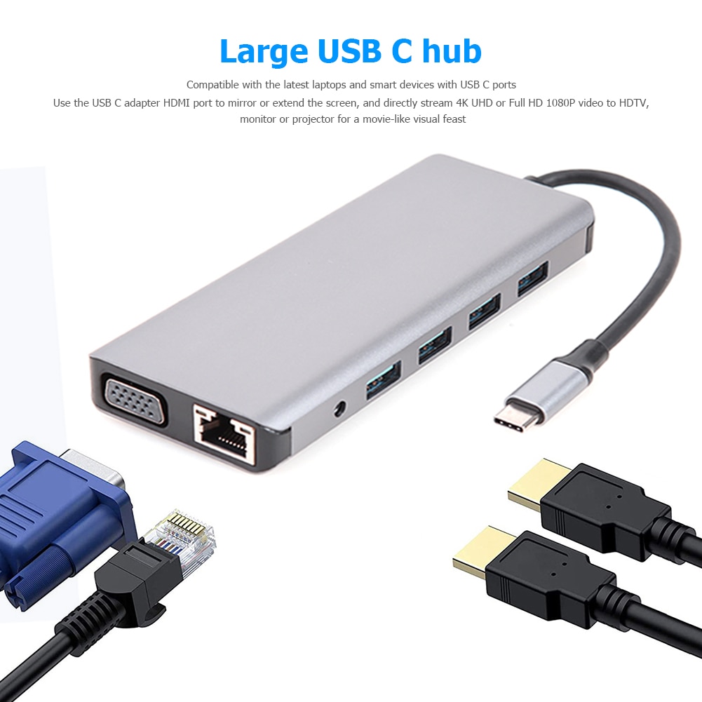 12 In 1 Type-C Hub 2 4K Hdmi-Compatibel Vga RJ45 Pd 2 Usb 3.0 2 usb 2.0 Sd Tf 3.5Mm Extension Converter Adapter Coupler Adapter