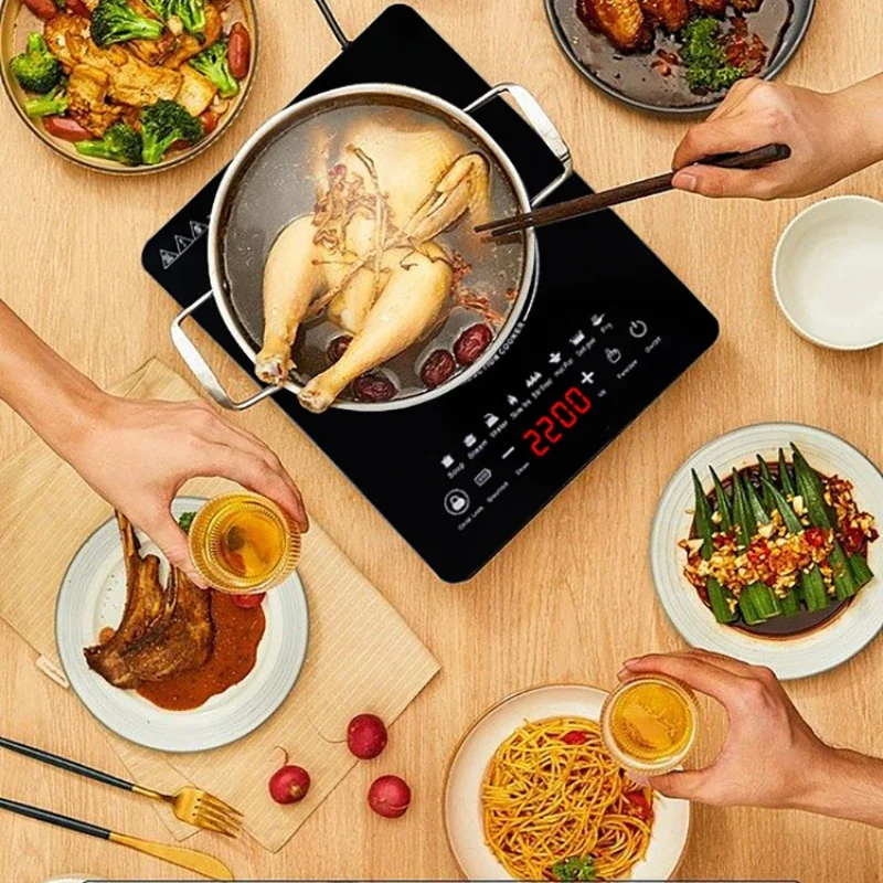 Estufa de inducción multifuncional para cocinar en casa, 110V ~ 220V, Control táctil, 2200W, cocina de inducción inteligente temporizable y ahorradora de energía