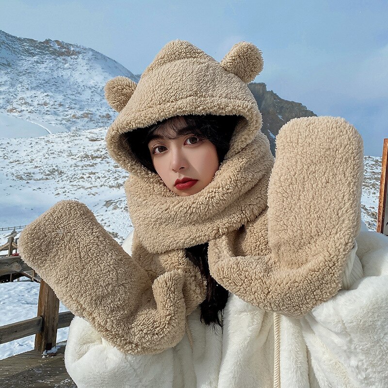 INS Bear – ensemble de gants et écharpes en peluche pour femme, chapeau et décontracté, en molleton solide, accessoires Kawaii, nouveauté hiver