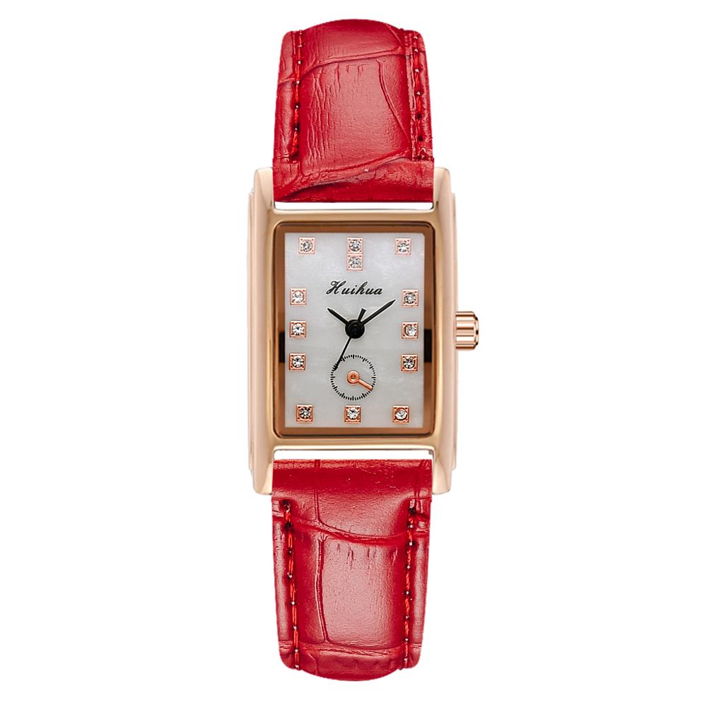 Ure kvinder firkantede rosa guld armbåndsure rødt læder mærke ure kvindelige damer quartz ur montre femme: Rød