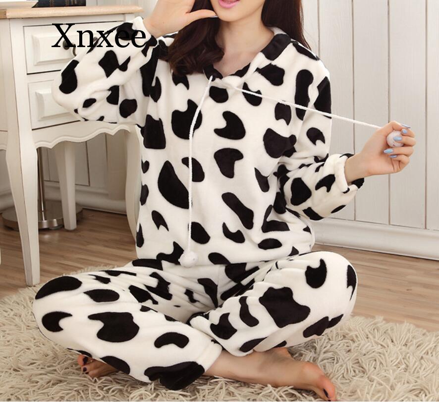 Coral fleece cow black and white animal Cartoon Flannel Women Pajama Sets Autumn and Winter Cute Thick Warm Women Sleepwear