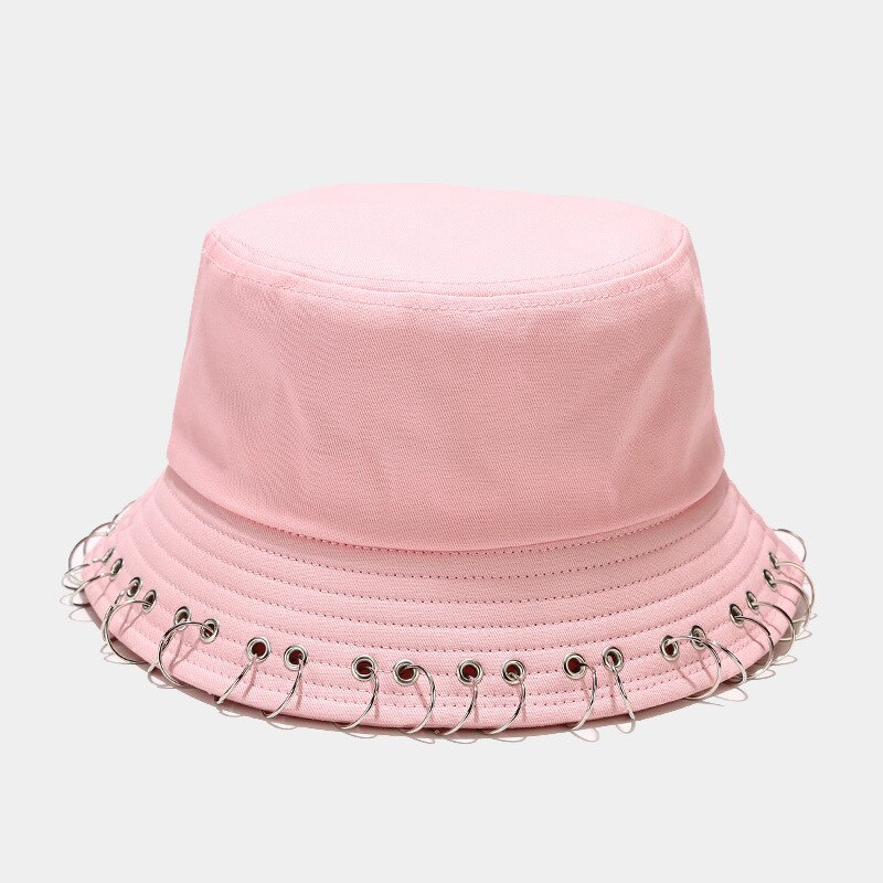 Harajuku Hip Hop Solid Color Bucket Hat Spiked Rivets Metal Rings Outdoor Wide Brim Sunscreen Fisherman Cap Women Man Panama: Pink