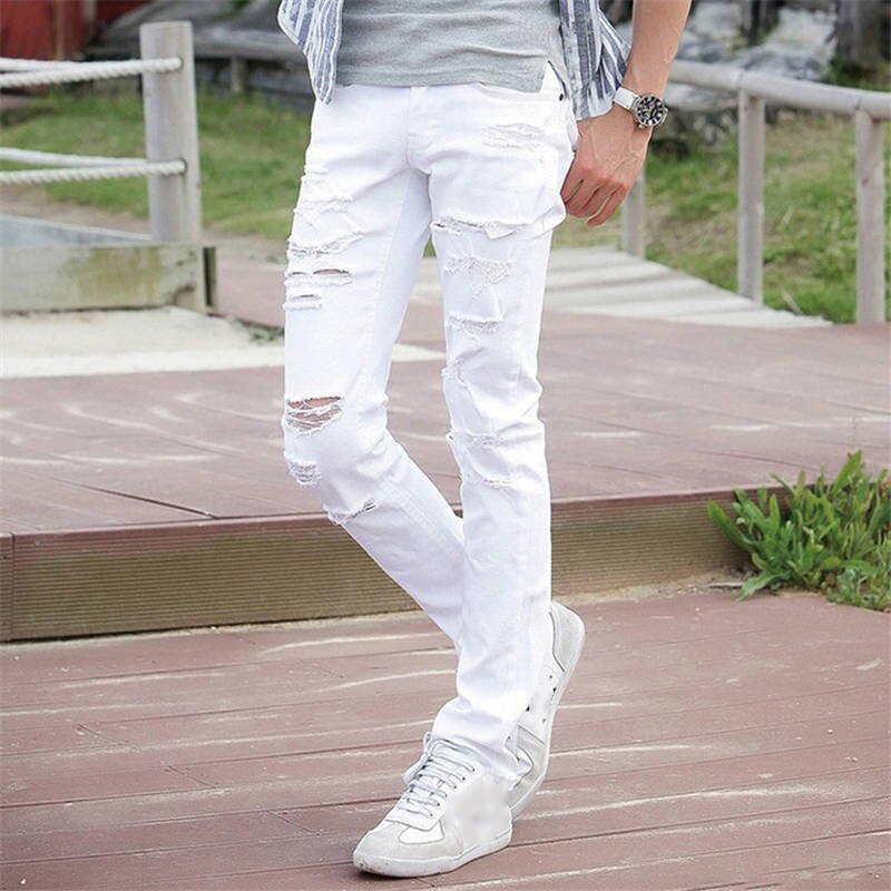 European and American white ripped jeans super skinny Japanese men ragged jeans