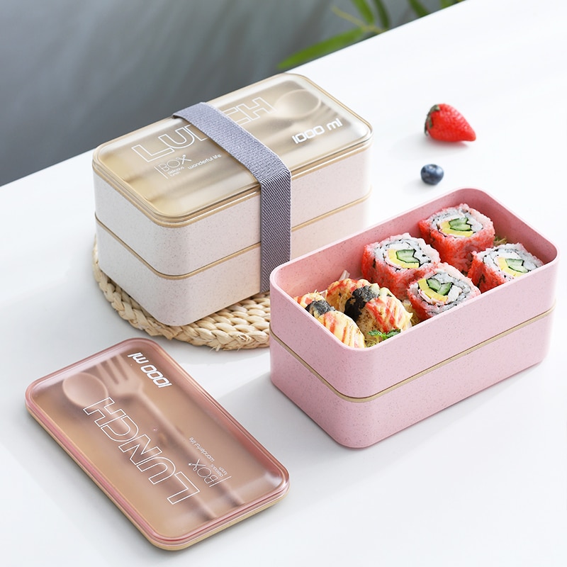 1000Ml Portable Lunchbox Dubbele Laag Tarwe Stro Bento Dozen Magnetron Servies Voedsel Opslag Container Lunchbox