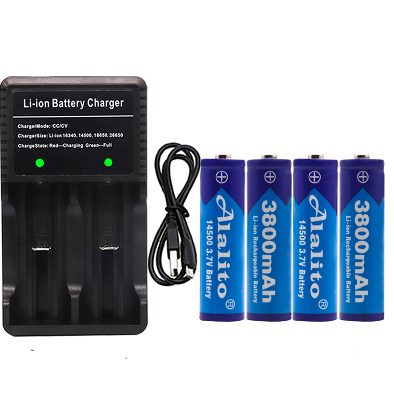 Original 14500 battery 3.7V 3800mAh Rechargeable Li-ion Batteries For Flashlight + EU US Battery Charger