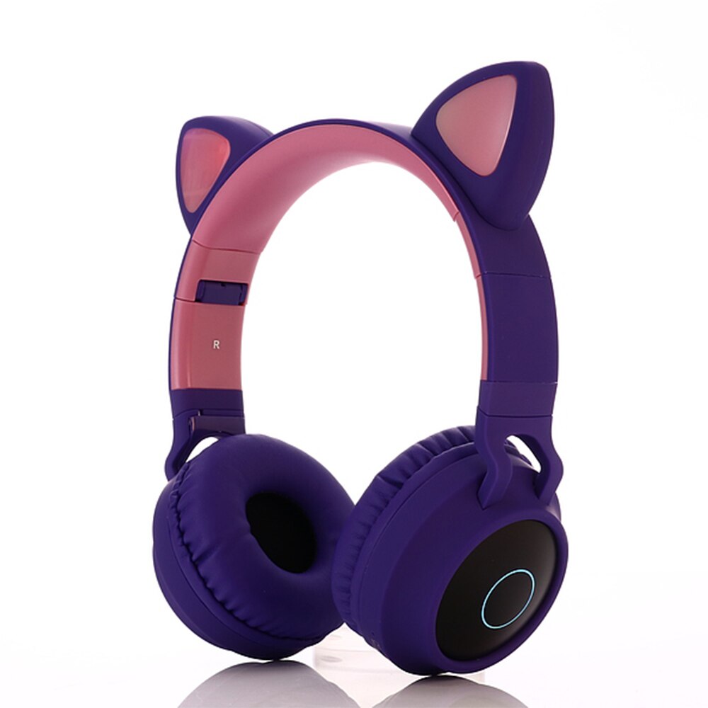 Auriculares inalámbricos con luz LED para teléfono móvil, audífonos con Bluetooth 5,0, auriculares de música estéreo para chica e hija, PC, Oreja de Gato: Purple (no box)