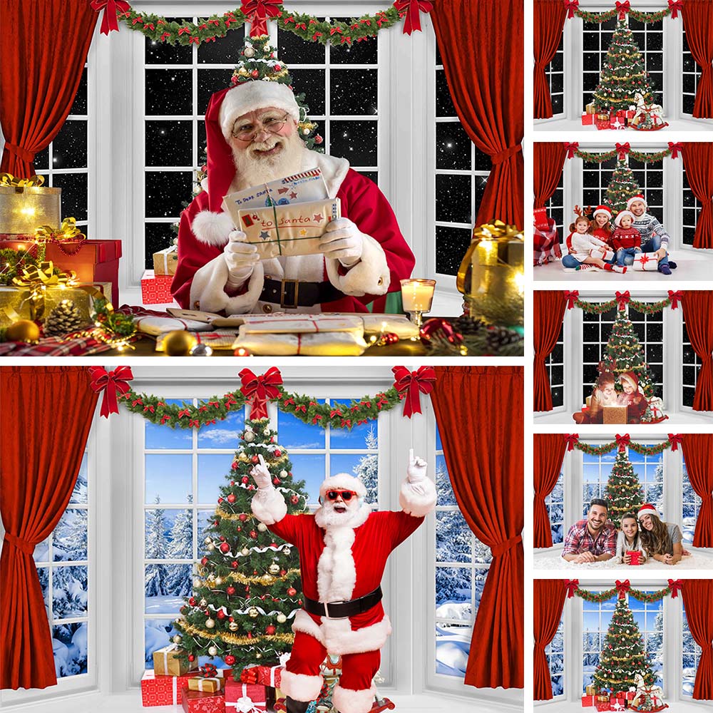 Mocsicka Christmas Backdrop Red Curtains Window Christmas Tree Background for Photo Studio Portrait Photography Photoshoot Props